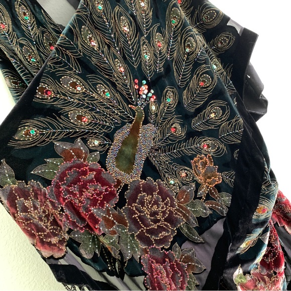 VINTAGE shawl cover up velvet beads embroidery peacock floral OS silk blend - Picture 9 of 16